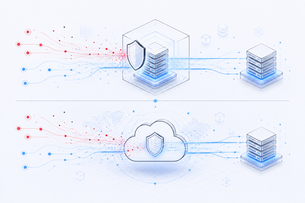 DDoS Protection Server vs Remote DDoS Protection Service: Which Option Is Better for Your Infrastructure? 4 Diagram comparing DDoS protection server inline filtering versus remote DDoS scrubbing service traffic routing architecture