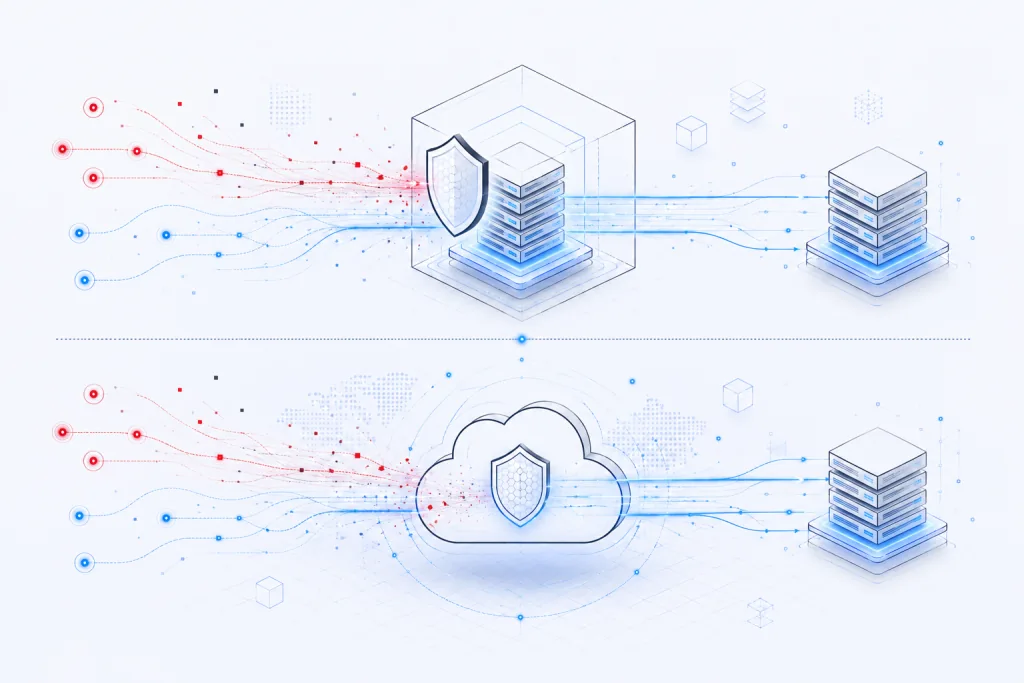 Diagram comparing DDoS protection server inline filtering versus remote DDoS scrubbing service traffic routing architecture