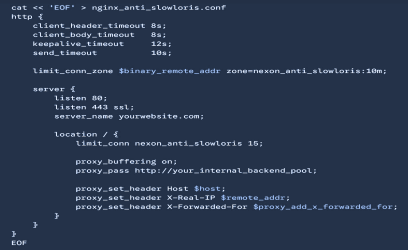 Nginx anti-Slowloris configuration showing global timeouts, connection limits, and Layer 7 proxy settings