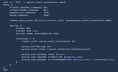 Nginx anti-Slowloris configuration showing global timeouts, connection limits, and Layer 7 proxy settings