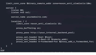 Nginx Layer 7 proxy configuration for protecting a website from Slowloris attacks with connection limits and timeouts