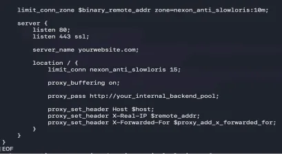Nginx Layer 7 proxy configuration for protecting a website from Slowloris attacks with connection limits and timeouts