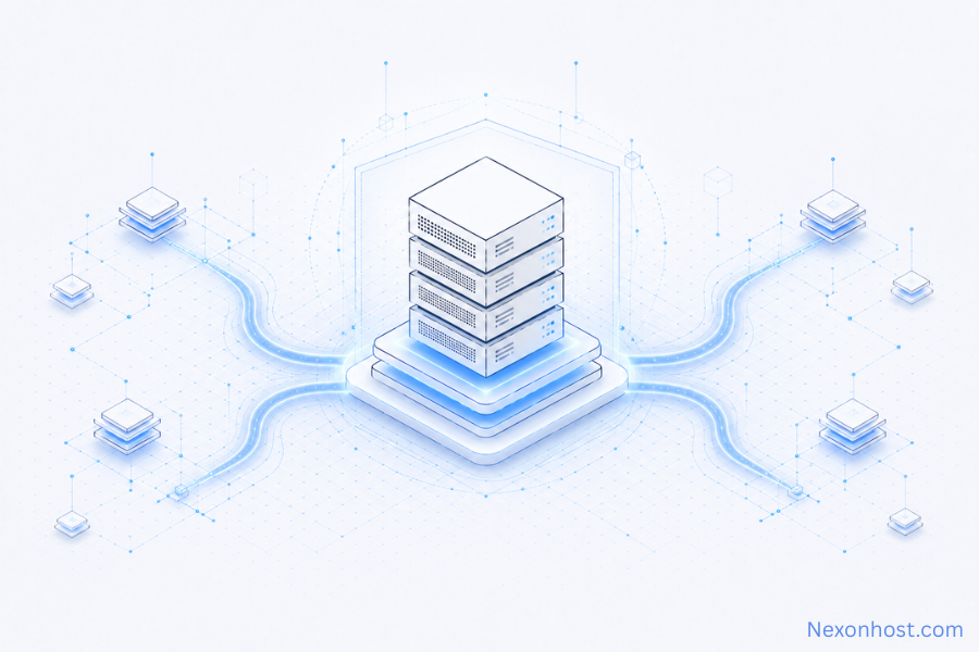 Dedicated Server DDoS Protection: Buyer Checklist for High-Risk Workloads 5 Dedicated hosting setup with central server infrastructure and connected network paths