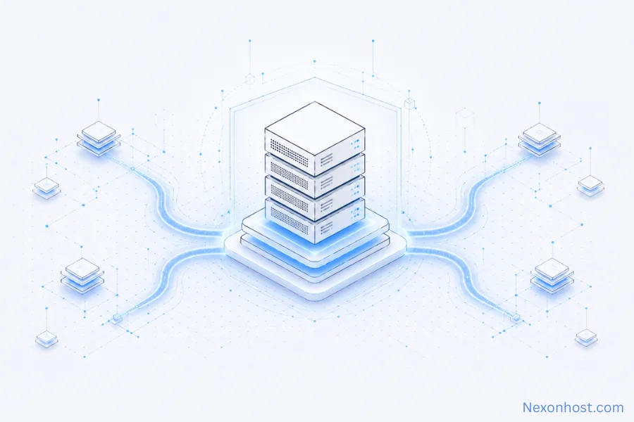 Dedicated hosting setup with central server infrastructure and connected network paths