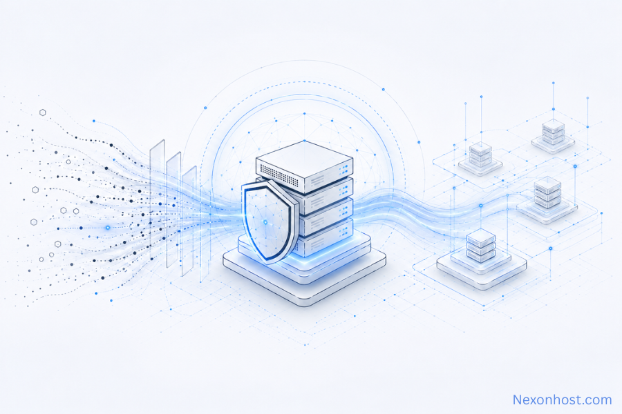 Website DDoS Protection: Practical Guide for Ecommerce, SaaS, and High-Traffic Sites 5 Secure web hosting server with shield protection filtering DDoS traffic through cloud infrastructure nodes