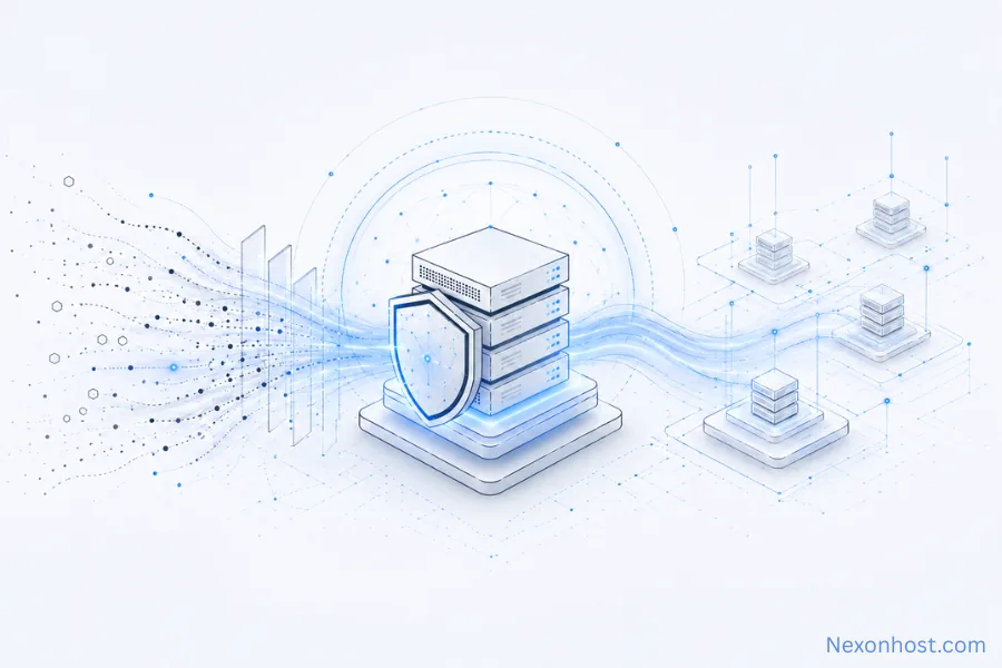 Secure web hosting server with shield protection filtering DDoS traffic through cloud infrastructure nodes